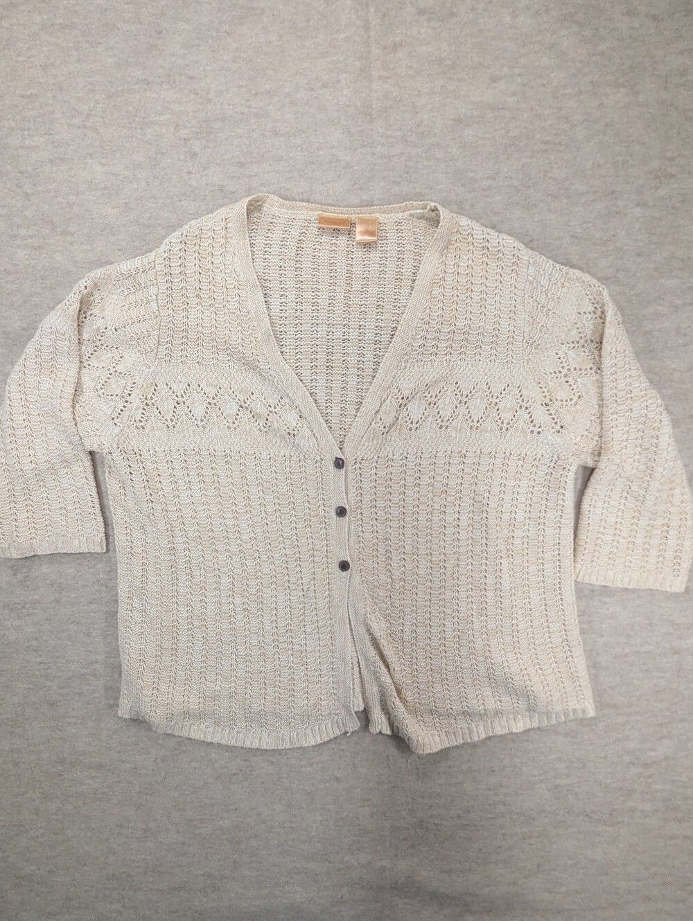 Northcrest Cream Varied Lightweight Open Knit Vintage V Neck Button Cardigan 2X